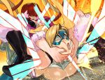  2girls alex_ahad blonde_hair blue_eyes breasts hair_over_eyes large_breasts lips lipstick makeup multiple_girls on_floor open_mouth rainbow_mika red_hair red_lips shermie_(kof) street_fighter teeth the_king_of_fighters 