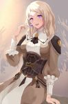  1girl blonde_hair breasts commentary_request corset desupisaro_122 dress earrings fire_emblem fire_emblem:_three_houses frilled_dress frills highres jewelry leather looking_at_viewer medium_breasts mercedes_von_martritz open_mouth pearl_earrings purple_hair solo 
