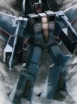  absurdres arm_cannon clenched_hands cloud decepticon flying glint glowing glowing_eyes highres looking_down mecha nakai111 no_humans red_eyes robot thundercracker transformers transformers:_generation_1 weapon 