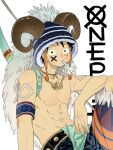  1boy abs arm_rest armband black_eyes blue_armband blue_headwear bone bow_(weapon) cheouldu copyright_name curled_horns english_text fake_horns food_in_mouth fur_trim highres horns jewelry looking_at_viewer male_focus muscular muscular_male navel necklace one_piece scar scar_on_face simple_background sitting striped_clothes striped_headwear topless_male weapon white_background x 