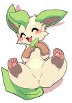  0kazu10001 ^_^ absurdres animal_focus blush brown_fur closed_eyes convenient_censoring fangs furry furry_female highres leaf leafeon legs_up lying no_humans on_back paw_pose pawpads pokemon pokemon_(creature) spread_legs sweatdrop yellow_fur 