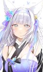  1girl animal_ear_fluff animal_ears bare_shoulders bell blue_eyes blue_flower blush braid breasts commentary_request dress facial_mark flower grey_hair hair_bell hair_flower hair_ornament hairband haruri highres jingle_bell large_breasts looking_at_viewer original parted_lips purple_dress purple_flower purple_hairband signature simple_background solo twin_braids upper_body white_background 