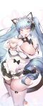  absurdres animal_ears asumi03330 blue_hair breasts cat_ears cat_tail cleavage elbow_gloves garter_straps gloves goddess_of_victory:_nikke heart-shaped_boob_challenge highres large_breasts maid_headdress privaty_(nikke) privaty_(unkind_maid)_(nikke) tail thick_thighs thighhighs thighs white_thighhighs yellow_eyes 
