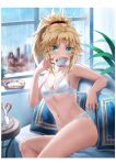  1girl absurdres bare_shoulders black_thighhighs blonde_hair bra braid breasts collarbone commentary_request cup drinking fate/apocrypha fate_(series) french_braid green_eyes highres indoors lace_trim long_hair looking_at_viewer midriff mordred_(fate) mordred_(fate/apocrypha) navel paid_reward_available panties parted_bangs ponytail rain sidelocks small_breasts solo teacup thighhighs tonee underwear underwear_only white_bra white_panties 