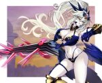  1girl absurdres artoria_pendragon_(fate) artoria_pendragon_(lancer_alter)_(fate) bikini blonde_hair braid breasts commission fate/grand_order fate_(series) french_braid hair_between_eyes highres horns lance large_breasts long_hair pixiv_commission polearm ponytail sidelocks smile solo swimsuit thighs weapon wisespeak yellow_eyes 