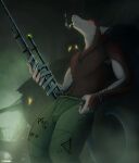 anthro bottomwear cigarette clothed clothing corrsk digital_media_(artwork) dog_tags ear_piercing ear_ring fur gun hi_res holding_object holding_weapon looking_at_viewer male mammal murid murine pants piercing ranged_weapon rat red_eyes rifle ring_piercing rodent skaven smoke smoking sniper_rifle solo tail teeth topless warhammer_(franchise) warhammer_fantasy weapon