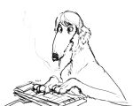 borzoi canid canine canis cigarette cigarette_in_mouth danoodle domestic_dog feral fur hair hunting_dog keyboard male mammal object_in_mouth paws sighthound solo typing