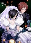  2boys artist_name black_bow black_bowtie black_hair black_suit blurry blurry_background bow bowtie bridal_veil brown_eyes brown_hair cigarette closed_mouth collar collarbone commentary_request crossdressing dated dress english_commentary eyelashes gloves hair_between_eyes hair_over_one_eye highres kurosu_jun looking_at_viewer male_focus mixed-language_commentary motor_vehicle motorcycle multiple_boys pectoral_cleavage pectorals persona persona_2 persona_2_tsumi puffy_sleeves risuko.exe_(artist) short_hair smile suit suou_tatsuya twitter_username veil wedding_dress white_collar white_gloves 