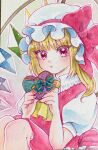  1girl absurdres blonde_hair candy chocolate crystal_wings flandre_scarlet food hand_up hat hat_ribbon heart heart-shaped_chocolate highres medium_hair mob_cap painting_(medium) red_eyes red_ribbon ribbon side_ponytail solo tottokototoko24 touhou traditional_media upper_body valentine watercolor_(medium) 