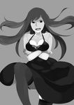  bare_shoulders breasts cleavage copyright_request dress greyscale large_breasts lingerie long_hair monochrome rakuraku solo thighhighs underwear 