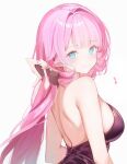  1girl arms_at_sides backless_dress backless_outfit bare_shoulders black_bow black_dress blue_eyes blush bow breasts closed_mouth commentary dot_nose dress eighth_note elysia_(honkai_impact) from_side hair_bow hair_intakes honkai_(series) honkai_impact_3rd kagefumi long_bangs long_hair looking_at_viewer low-tied_long_hair median_furrow medium_breasts musical_note pink_hair pink_pupils pointy_ears sideboob sidelocks simple_background smile solo strapless strapless_dress symbol-only_commentary upper_body white_background 