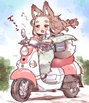 1girl :3 animal_ears blush_stickers braid braided_ponytail brand_name_imitation brown_hair commentary day driving english_commentary floating_hair floral_print floral_print_kimono food_delivery_box forehead fox_ears fox_tail full_body green_kimono hair_ribbon highres hikimayu japanese_clothes jitome kimono kitsune lolibaba looking_ahead moped motion_lines motor_vehicle multiple_tails nomeoil obi obijime okobo open_mouth original outdoors red_ribbon ribbon sandals sash shoulder_strap smile solo tabi tail uber_eats whistling wide_sleeves yellow_eyes 