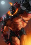  1boy abs absurdres armor bara bare_pectorals bikini_armor black_male_underwear body_fur chest_hair chest_harness dark-skinned_male dark_skin embers fire glowing glowing_eyes harness helmet highres large_pectorals legs_together male_underwear muscular muscular_male navel over_shoulder pectorals ruvkun stomach surtr_(housamo) sword sword_over_shoulder thighs tokyo_afterschool_summoners underwear walking weapon weapon_over_shoulder 