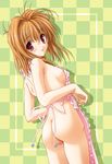  amane_sou apron ass blush breasts brown_hair checkered checkered_background kawai_rie large_breasts looking_back lovers naked_apron official_art phonecard red_eyes short_hair solo 