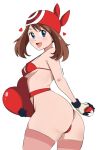  1girl alternate_costume ass ass_focus bandana bare_arms bare_shoulders black_gloves blue_eyes blush breasts brown_hair cowboy_shot garter_belt garter_straps gloves heart heart-shaped_pillow highres holding holding_pillow holding_poke_ball lingerie looking_at_viewer looking_back may_(pokemon) medium_breasts multicolored_clothes multicolored_gloves open_mouth pabsmikan pillow poke_ball pokemon pokemon_rse red_bandana red_thighhighs simple_background skindentation solo thick_thighs thighhighs thighs twitter_username two-tone_gloves underwear valentine white_background white_gloves 