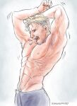  1boy abs alternate_facial_hair armpit_stubble arms_up bara beard_stubble blonde_hair cowboy_shot facial_hair kasch_(kaschgmoney) male_focus motion_lines pectorals reiner_braun shingeki_no_kyojin short_hair solo sparse_navel_hair stubble toned toned_male topless_male waking_up yawning 