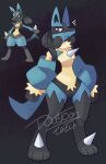 anthro artist_name black_background black_body black_fur blue_body blue_fur chest_spike doodtoon female fur generation_4_pokemon lucario nintendo pokemon pokemon_(species) red_eyes simple_background sleeves solo spikes spikes_(anatomy) tan_body tan_fur wide_hips