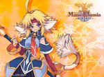  2007 ahoge animal_ears atelier_(series) beast blonde_hair blue_eyes fang mana_khemia mana_khemia_(series) monster_boy necktie nicole_mimi_tithel official_art orange_background solo staff tail wallpaper yoshizumi_kazuyuki 