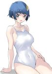  1girl blue_hair blush breasts collarbone covered_navel green_eyes hair_ornament hairclip highres looking_at_viewer one-piece_swimsuit open_mouth scheris_adjani scryed shiruco short_hair simple_background solo swimsuit white_background 