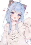  1227ree 1girl :d absurdres ahoge animal_ears arm_at_side bare_shoulders blue_eyes blue_hair blush bow braid cat_ears character_request collarbone emphasis_lines fake_animal_ears hair_bow hair_intakes head_tilt heart highres indie_virtual_youtuber long_bangs long_hair long_sleeves looking_at_viewer off-shoulder_shirt off_shoulder open_mouth print_shirt raised_eyebrows red_bow shirt sidelocks simple_background sleeves_past_fingers sleeves_past_wrists smile solo upper_body white_background 