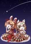  2girls animal_ears belt brown_eyes brown_hair cat_ears cat_girl cat_tail extra_ears geoffroy&#039;s_cat_(kemono_friends) green_eyes grey_hair highres kemono_friends kemono_friends_v_project large-spotted_genet_(kemono_friends) long_hair looking_at_viewer microphone mugise_hitsuji multiple_girls ribbon shirt skirt sky star_(sky) starry_sky suspenders tail twintails virtual_youtuber 