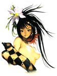  black_hair breasts flower highres kim_hyung_tae long_hair medium_breasts oxide_2 scan solo topless upper_body 