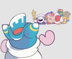  armor bandana bandana_waddle_dee blue_bandana blue_headwear blush_stickers cape commentary_request galaxia_(sword) gloves grey_background hammer holding holding_hammer holding_sword holding_weapon king_dedede kirby kirby&#039;s_return_to_dream_land_deluxe kirby_(series) looking_at_another magolor mask meta_knight ni_re no_humans pauldrons pom_pom_(clothes) shoulder_armor star_(symbol) sword weapon yellow_gloves 