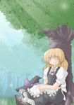 apron black_skirt blonde_hair closed_eyes day forest hair_ribbon hat hat_removed headwear_removed kirisame_marisa lzh nature outdoors puffy_short_sleeves puffy_sleeves ribbon shoes short_sleeves sitting skirt skirt_set sleeping sleeping_upright solo touhou tree tress_ribbon vest witch_hat 