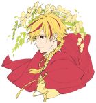 1boy blonde_hair braid cape closed_mouth fate/strange_fake fate_(series) flower from_side isshoku_(shiki) light_smile looking_ahead male_focus multicolored_hair portrait red_cape red_eyes red_hair richard_i_(fate) simple_background sketch solo streaked_hair two-tone_hair white_background 