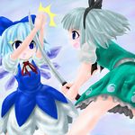  2girls blade_catching bow cirno failure hair_ribbon kabutoyama konpaku_youmu multiple_girls oekaki ribbon sword touhou weapon you're_doing_it_wrong 