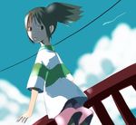  :o blue_sky child cloud cowboy_shot day dutch_angle from_behind looking_at_viewer looking_back ogino_chihiro open_mouth outdoors power_lines railing sen_to_chihiro_no_kamikakushi shirt short_sleeves side_ponytail sky solo standing t-shirt taira_tsukune 