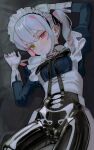  1girl absurdres black_ribbon bone_print cowboy_shot gloves grey_hair hair_ribbon hetero highres looking_at_viewer lying neon_(saaal653) on_back on_bed original ponytail red_eyes ribbon saaal653 solo white_gloves yellow_eyes 