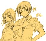  1girl couple hetero higurashi_no_naku_koro_ni maebara_keiichi monochrome ryuuguu_rena school_uniform suzushiro_kurumi yellow 