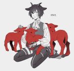  1boy animal animal_ears animal_on_lap ascot commentary cracked_skin dated english_commentary eyelashes full_body goat_boy goat_ears goat_horns hand_up heterochromia highres horizontal_pupils horns kaito_(vocaloid) lamb leg_belt long_sleeves looking_at_viewer male_focus mechanical_arms monochrome no_jacket on_lap pants parted_lips petting project_diva_(series) prosthesis prosthetic_hand puffy_long_sleeves puffy_sleeves requiem_(module) seiza sheep simple_background sitting soup_dumplin spot_color swept_bangs vest vocaloid 