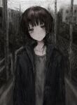  1girl breasts chan8016 closed_mouth expressionless hairband highres iwakura_lain jacket long_sleeves looking_at_viewer monochrome open_clothes open_jacket outdoors serial_experiments_lain short_hair small_breasts solo standing upper_body 