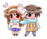  1girl aizawa_yuuichi blue_scarf blush chibi kannazuki_yukito kanon lowres ribbon scarf shared_scarf tsukimiya_ayu younger 