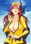  areola_slip areolae artbook blue_eyes bodysuit boin breasts center_opening covered_nipples diving_mask diving_mask_on_head diving_regulator diving_suit happoubi_jin highres iihara_nao large_breasts long_hair open_clothes red_hair saliva saliva_trail scan scuba snorkel solo tongue unzipping wetsuit yellow_bodysuit zipper 