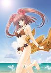 barefoot bikini brown_eyes brown_hair copyright_request day kimizuka_aoi solo swimsuit twintails 