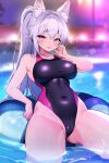  1girl absurdres animal_ear_fluff animal_ears competition_swimsuit grey_hair highleg highleg_swimsuit highres ichi-jirushi long_hair looking_at_viewer one-piece_swimsuit original partially_submerged ponytail pool purple_eyes swimsuit thighs wet 