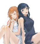  2girls back-to-back bare_arms black_dress black_hair blue_eyes blue_hair closed_eyes closed_mouth dress facing_viewer final_fantasy final_fantasy_xiv gaia_(ff14) lipstick looking_at_viewer lumeru_33 makeup multiple_girls orange_hair ryne_waters short_dress simple_background smile white_background white_dress 