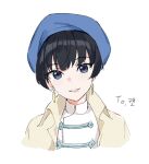  1girl black_hair blue_eyes coat earrings hat head_tilt highres jewelry looking_at_viewer lumeru_33 open_clothes open_coat original shirt simple_background smile solo upper_body white_background white_shirt yellow_coat 