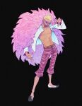  1boy abs absurdres arm_up black_background blonde_hair capri_pants coat donquixote_doflamingo feather_coat fishatar full_body highres leg_hair male_focus muscular muscular_male one_piece open_clothes open_mouth pants pink_coat shirt short_hair solo standing sunglasses teeth tongue tongue_out white_shirt 
