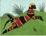 2002 anthro black_body black_skin brown_eyes butt coral_snake elapid_(snake) female grass ironbadger lying on_front plant raised_foot red_body red_skin reptile scales scalie snake solo striped_body striped_skin stripes tail yellow_body yellow_skin