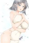  1girl arm_between_breasts armpit_crease bare_shoulders between_breasts blue_background blue_eyes blush body_blush breast_hold breasts collarbone covered_navel covering_privates cowboy_shot cryokinesis curvy dated gradient_background grey_hair groin_outline ice impossible_towel kinako_(mzknk0) large_breasts looking_at_viewer naked_towel nude nude_cover open_mouth parted_bangs senran_kagura senran_kagura_shinovi_versus shiny_skin short_hair sideboob smile solo towel two-tone_background water water_drop wet white_background white_towel wide_hips yumi_(senran_kagura) 