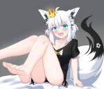  1girl ahoge animal_ear_fluff animal_ears black_panties black_shirt blush braid collarbone commentary_request crown dark_skin earrings fox_ears fox_girl fox_tail green_eyes grey_background hair_between_eyes hololive jewelry knees_up koertion long_hair looking_at_viewer mini_crown on_bed open_mouth panties pentagram shirakami_fubuki shirakami_fubuki_(7th_costume) shirt sidelocks simple_background single_braid sitting solo tail underwear virtual_youtuber white_hair 