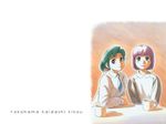  ashinano_hitoshi green_eyes green_hair hatsuseno_alpha multiple_girls necktie purple_eyes purple_hair short_hair takatsu_kokone wallpaper yokohama_kaidashi_kikou 