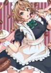  absurdres alternate_costume apron black_dress bow bowtie brown_eyes double_bun dress enmaided food fork frilled_apron frills green_bow green_bowtie hair_bun highres kantai_collection kikuchi-shoogo light_brown_hair macaron maid maid_headdress michishio_(kancolle) open_mouth plate striped_background white_apron 