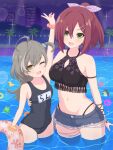  2girls :d ;d absurdres ahoge arm_around_waist arm_at_side arm_strap arm_up assault_lily bare_arms bare_shoulders bikini black_bikini black_one-piece_swimsuit blue_scrunchie blue_shorts blush bow breasts building collarbone commentary covered_navel cowboy_shot cutoffs denim denim_shorts floral_print fringe_trim green_eyes hair_between_eyes hair_bow hair_ornament hair_scrunchie halterneck haniwa_(kiminozorazio) hatsukano_you high_ponytail highleg highleg_bikini highres holding holding_swim_ring jewelry long_bangs long_hair looking_at_viewer medium_breasts medium_hair multicolored_hair multiple_girls name_tag navel night official_alternate_costume official_alternate_hairstyle one-piece_swimsuit one_eye_closed one_side_up outdoors outstretched_arm palm_tree polka_dot polka_dot_bow ponytail pool print_bikini purple_bow red_hair ring rubber_duck sasaki_ran school_swimsuit scrunchie short_shorts shorts skyscraper small_breasts smile sparkle standing stomach streaked_hair swim_ring swimsuit teeth tree upper_teeth_only wading water wet whale_tail_(clothing) yellow_eyes 