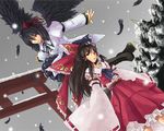  black_hair black_wings boots bow brown_hair cross-laced_footwear detached_sleeves dutch_angle embellished_costume feathers frills gathers geta hakurei_reimu hat kinsenka lace-up_boots large_bow long_hair multiple_girls one_eye_closed outstretched_arms red_eyes shameimaru_aya short_hair snow snowing spread_arms tengu-geta tokin_hat torii touhou wallpaper wide_sleeves wings 
