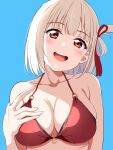  1girl :d bare_shoulders bikini blonde_hair blue_background blunt_bangs blush borgbutler breasts cleavage close-up collarbone commentary eyelashes hair_ribbon halterneck hand_up head_tilt highres large_breasts looking_at_viewer lycoris_recoil nishikigi_chisato o-ring o-ring_bikini o-ring_top one_side_up open_mouth red_bikini red_eyes red_ribbon ribbon short_hair sidelighting simple_background skindentation smile solo straight_hair swimsuit teeth upper_teeth_only 